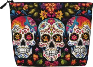 Linen Makeup Bag For Women, Waterproof Travel Cosmetic Organizer Lightweight Zipper Travel Toiletry Bag Organizer Colorful Flower Skulls Makeup Brushes Storage Bag
