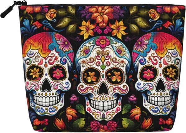 Linen Makeup Bag For Women, Waterproof Travel Cosmetic Organizer Lightweight Zipper Travel Toiletry Bag Organizer Colorful Flower Skulls Makeup Brushes Storage Bag