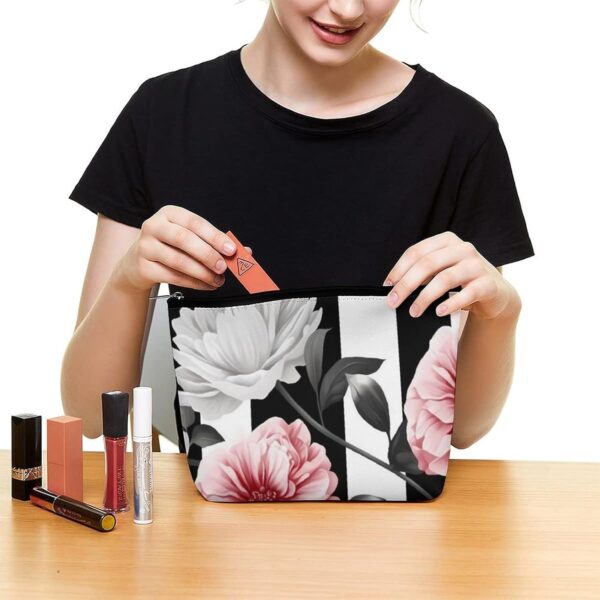 Black White Striped Flowers Makeup Bag for Women Portable Travel Toiletry Pouch, PU Leather Cosmetic Bag with Zipper