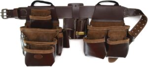 Style n Craft 4-Piece and 22-Pocket Pro Framer’s Combo, Tool Belt with 2 Tool Pouches, a 4-Pocket Multi-Tool Holder, and 1 Leather Hammer Loop, Full-Grain Leather Carpenter Tool Belt, Dark Tan (98454)