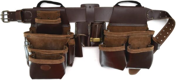 Style n Craft 4-Piece and 22-Pocket Pro Framer’s Combo, Tool Belt with 2 Tool Pouches, a 4-Pocket Multi-Tool Holder, and 1 Leather Hammer Loop, Full-Grain Leather Carpenter Tool Belt, Dark Tan (98454)