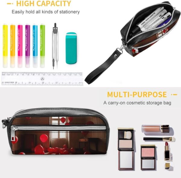 Red Balloons in The Room Pencil Case Large Capacity Leather Pencil Pouch with Zipper, Portable Small Makeup Bag, Office Supplies Organizer for Women Men