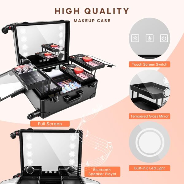 FAHKNS 24'' Aluminum Trolley Makeup Train Case with LED Light Professional Cosmetic Make up Cosmetic Organizer Studio