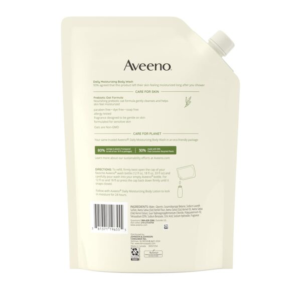 Aveeno Daily Moisturizing Body Wash for Sensitive Skin + Prebiotic Oat, Gently Cleanses, Nourishes & Feels Moisturizing Dry Skin, Light Fragrance, Refill Pouch, 36 fl. oz