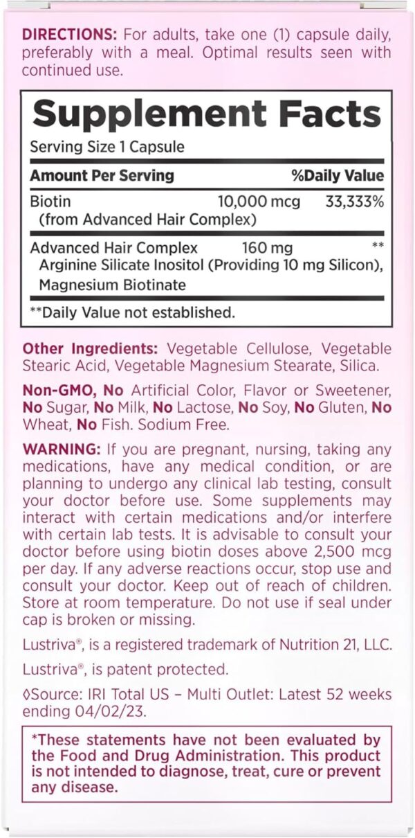 Nature's Bounty Optimal Solutions Hair Growth Supplement with Biotin, Hair Growth Vitamins with Biotin Silicon & Arginine, 1 Per Day, 30 Capsules, One Month Supply