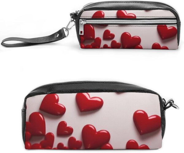 Red Hearts Pencil Case Large Capacity Leather Pencil Pouch with Zipper, Portable Small Makeup Bag, Office Supplies Organizer for Women Men