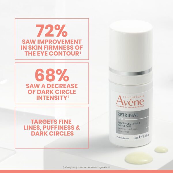 Avene Retrinal EYES Advanced 3-In-1 Eye Cream, Retinal eye cream, Powered by Retinaldehyde & Hyaluronic Acid, Helps smooth wrinkles, minimizes under-eye puffiness and dark circles, Fragrance-Free