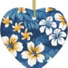 Christmas Ceramic Heart Pendant Decoration for Tree Hanging in Festive Season Blue Hawaiian Flowers Prints