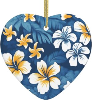 Christmas Ceramic Heart Pendant Decoration for Tree Hanging in Festive Season Blue Hawaiian Flowers Prints