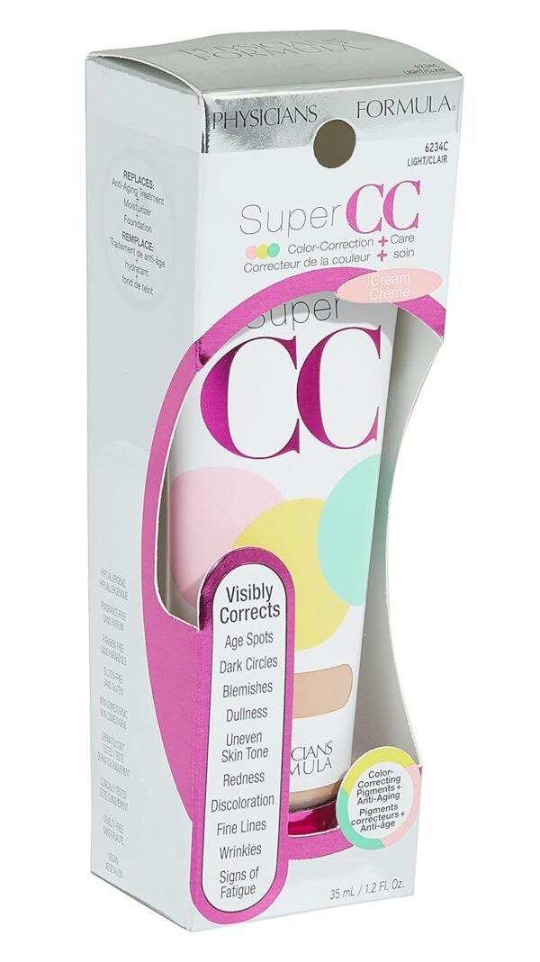 Physicians Formula Super CC+ Cream Color-Correction + Care Cream Full Coverage Foundation, Anti Aging Hydrating Serum, For Uneven Skin Tone, Dermatologist Approved, Light