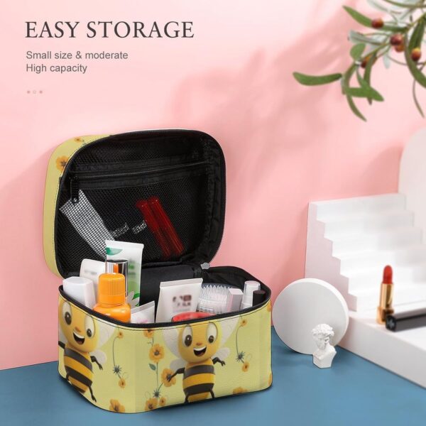 Happy Bee Makeup Bag, Cosmetic Organizer Case Large Portable Capacity Make Up Bags Women Travel Toiletry Bags with Handle And Divider