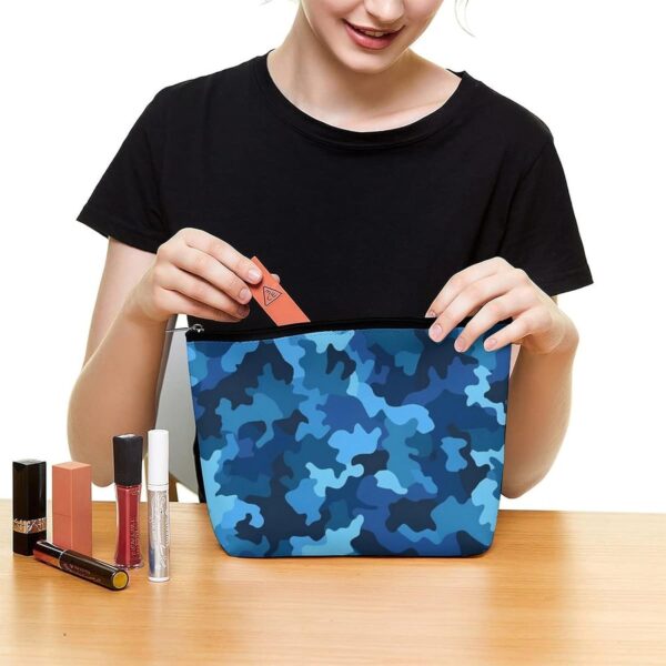 Blue Camo Makeup Bag for Women Portable Travel Toiletry Pouch, PU Leather Cosmetic Bag with Zipper