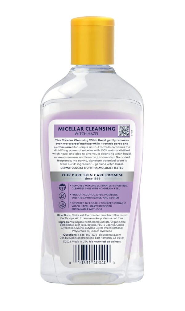 Dickinson's Micellar Cleansing Witch Hazel, An All-in-1 Makeup Remover, Pore Refiner, Skin Cleanser and Toner; Alcohol Free with Aloe, for Sensitive Skin, 8oz