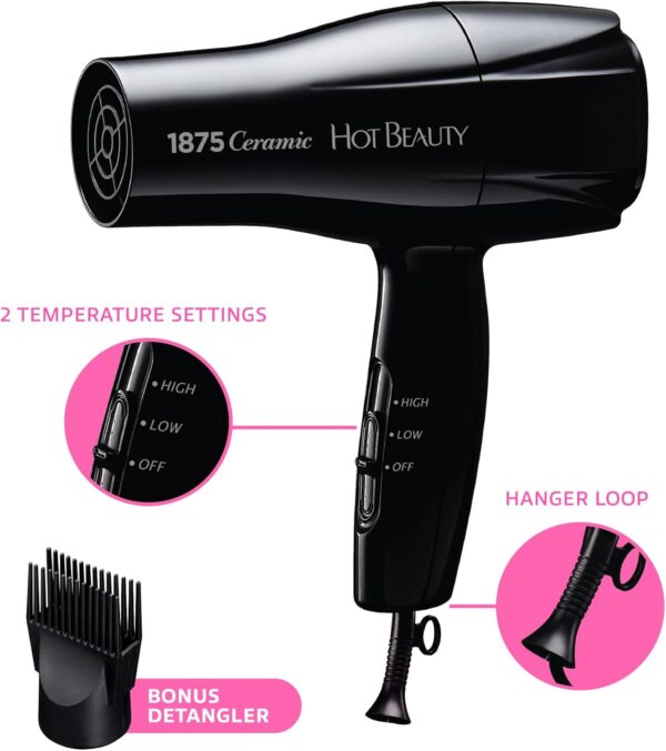 1875 Ceramic Hair Dryer, Powerful Fast Drying, Multi-Setting with Comb Attachment, Additional Detangler Included, Slide Bar Switch, Compact for Home & Travel (Black)