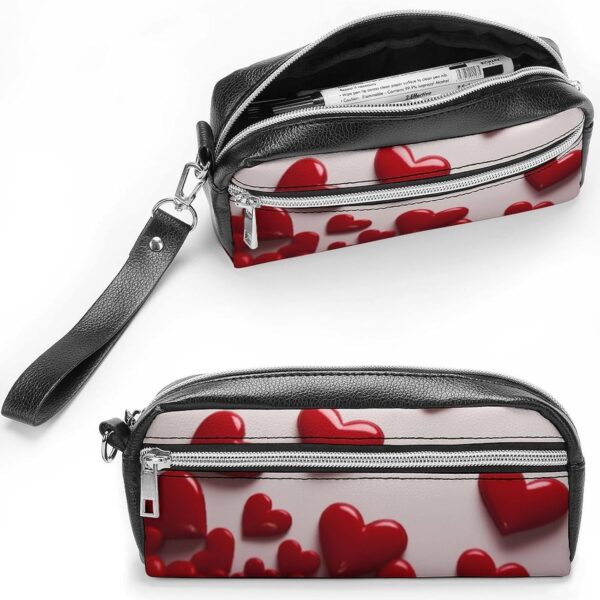 Red Hearts Pencil Case Large Capacity Leather Pencil Pouch with Zipper, Portable Small Makeup Bag, Office Supplies Organizer for Women Men