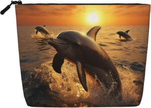 Linen Makeup Bag For Women, Waterproof Travel Cosmetic Organizer Lightweight Zipper Travel Toiletry Bag Organizer Dolphin And Sunset Makeup Brushes Storage Bag