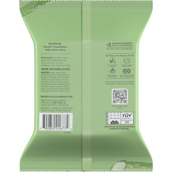 Burt's Bees, Aloe Vera Face Wipes, for Sensitive Skin, Soothing Makeup Remover & Facial Cleansing Towelettes, 30 Count (1 Pack)