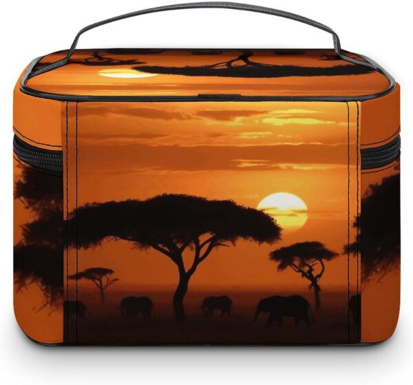 Sunset African Savanna Makeup Bag, Cosmetic Organizer Case Large Portable Capacity Make Up Bags Women Travel Toiletry Bags with Handle And Divider