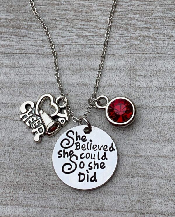Infinity Collection - Personalized Cheer Charm Necklace with Birthstone Charm - 'She Believed She Could' Cheerleading Jewelry Gift for Cheerleaders