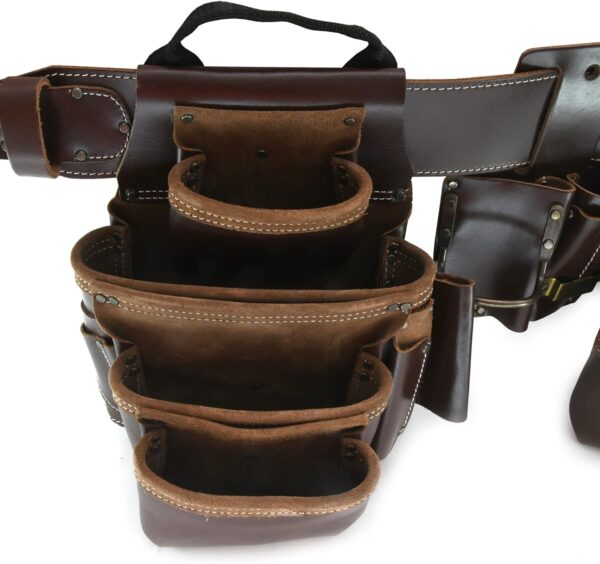Style n Craft 4-Piece and 22-Pocket Pro Framer’s Combo, Tool Belt with 2 Tool Pouches, a 4-Pocket Multi-Tool Holder, and 1 Leather Hammer Loop, Full-Grain Leather Carpenter Tool Belt, Dark Tan (98454)