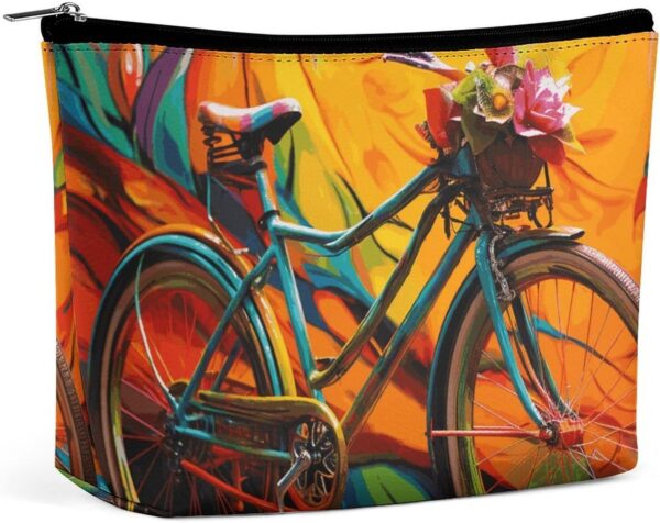 Colorful Bicycle Makeup Bag for Women Portable Travel Toiletry Pouch, PU Leather Cosmetic Bag with Zipper