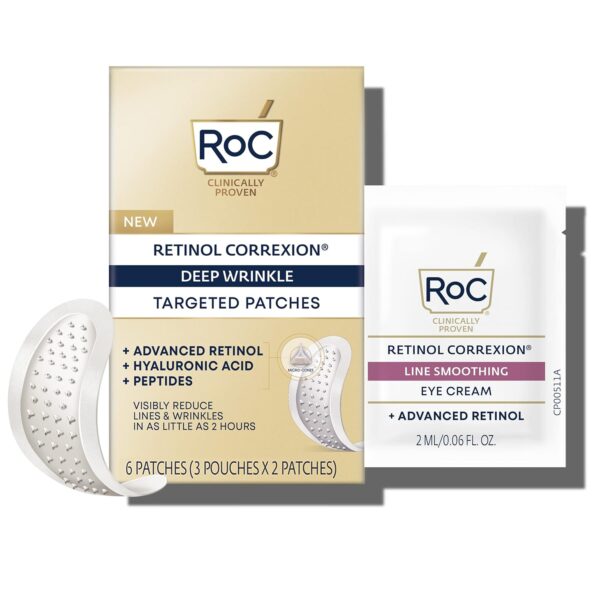 RoC Retinol Correxion Deep Wrinkle Non-Invasive Targeted Patches with Hyaluronic Acid + Firming Peptides for Forehead, 11 Lines, Crow’s Feet and Laugh Lines, (6 Patches) with Retinol Eye Packette