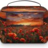 Red Poppy Flower Field in Sunset Makeup Bag, Cosmetic Organizer Case Large Portable Capacity Make Up Bags Women Travel Toiletry Bags with Handle And Divider