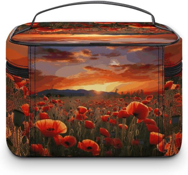 Red Poppy Flower Field in Sunset Makeup Bag, Cosmetic Organizer Case Large Portable Capacity Make Up Bags Women Travel Toiletry Bags with Handle And Divider
