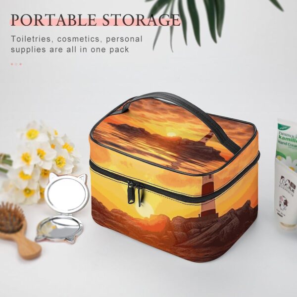 Sea Lighthouse in Sunset Makeup Bag, Cosmetic Organizer Case Large Portable Capacity Make Up Bags Women Travel Toiletry Bags with Handle And Divider