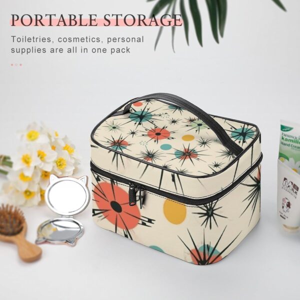 Atomic Stars Retro Pattern Makeup Bag, Cosmetic Organizer Case Large Portable Capacity Make Up Bags Women Travel Toiletry Bags with Handle And Divider