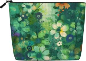 Linen Makeup Bag For Women, Waterproof Travel Cosmetic Organizer Lightweight Zipper Travel Toiletry Bag Organizer Abstract Seasonal Green Floral Makeup Brushes Storage Bag