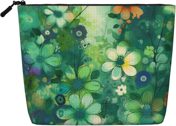 Linen Makeup Bag For Women, Waterproof Travel Cosmetic Organizer Lightweight Zipper Travel Toiletry Bag Organizer Abstract Seasonal Green Floral Makeup Brushes Storage Bag