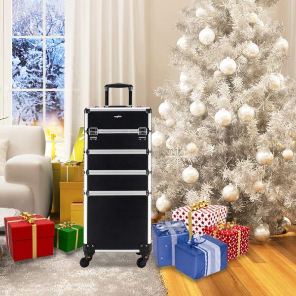 OmySalon 4 in 1 Aluminum Rolling Makeup Train Case, Travel Organizer Cosmetic Case, Cosmetology Display Suitcase Beauty Storage Luggage Lockable w/4 Removable Wheels (Black)