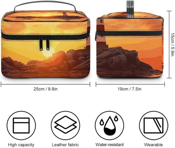 Sea Lighthouse in Sunset Makeup Bag, Cosmetic Organizer Case Large Portable Capacity Make Up Bags Women Travel Toiletry Bags with Handle And Divider