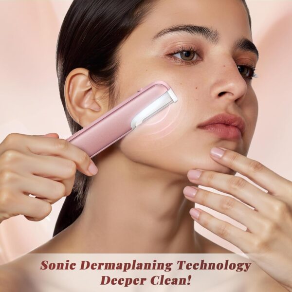 Dermaplaning Tool for Women Pink - Facial Exfoliation & Peach Fuzz Hair Removal with Rechargeable Sonic Edge Technology, 10 Refill Blades
