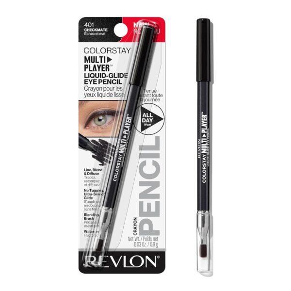 REVLON ColorStay Multiplayer Liquid-Glide Eye Pencil, Multi-Use Makeup With Blending Brush, Blends Then Sets, Creamy Texture, Waterproof, Smudge-proof, Longwearing, 401 Checkmate, 0.03 Oz