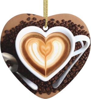 Christmas Ceramic Heart Pendant Decoration for Tree Hanging in Festive Season Coffee with Heart Pattern Prints
