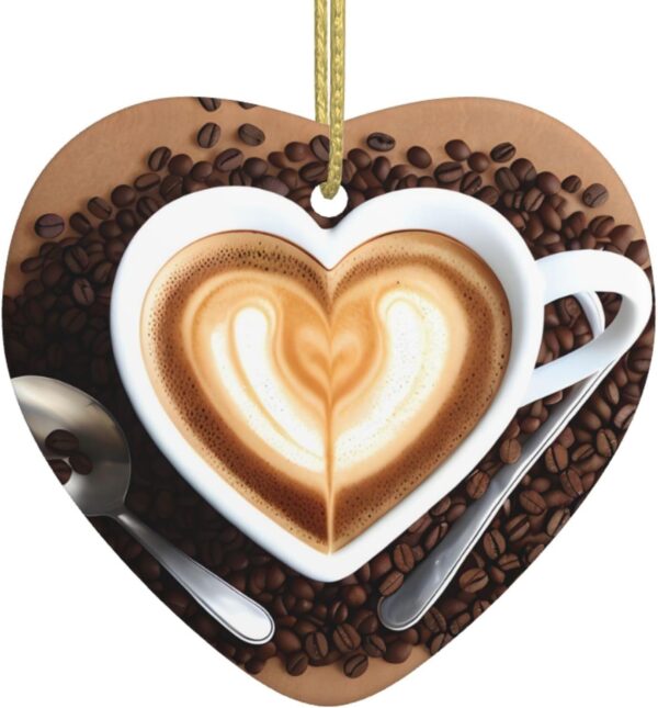 Christmas Ceramic Heart Pendant Decoration for Tree Hanging in Festive Season Coffee with Heart Pattern Prints