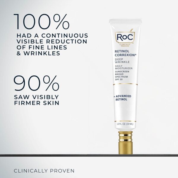 RoC Retinol Correxion Deep Wrinkle Daily Face Moisturizer with Sunscreen SPF 30, Skin Care Treatment for Fine Lines, Dark Spots, Post-Acne Scars, 1 Ounce (Packaging May Vary)