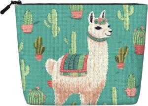 Linen Makeup Bag For Women, Waterproof Travel Cosmetic Organizer Lightweight Zipper Travel Toiletry Bag Organizer Alpaca Cactus Makeup Brushes Storage Bag