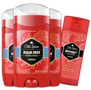 Old Spice Aluminum Free Deodorant for Men, 24/7 Odor Protection, 24/7 Freshness & Lasting Scent, Aqua Reef with Cypress Scent, 3.0 oz with Travel Size Swagger Body Wash (Pack of 4)