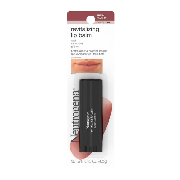 Neutrogena Revitalizing and Moisturizing Tinted Lip Balm with Sun Protective Broad Spectrum SPF 20 Sunscreen, Lip Soothing Balm with a Sheer Tint in Color Fresh Plum 60,.15 oz