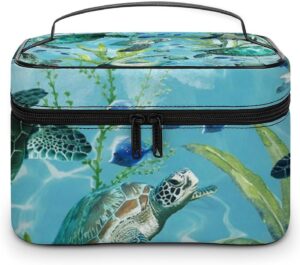 Sea Turtle-Blue Makeup Bag, Cosmetic Organizer Case Large Portable Capacity Make Up Bags Women Travel Toiletry Bags with Handle And Divider