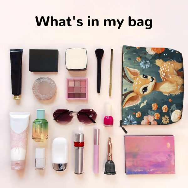 Linen Makeup Bag For Women, Waterproof Travel Cosmetic Organizer Lightweight Zipper Travel Toiletry Bag Organizer Cartoon Deer Flower Makeup Brushes Storage Bag