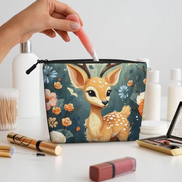 Linen Makeup Bag For Women, Waterproof Travel Cosmetic Organizer Lightweight Zipper Travel Toiletry Bag Organizer Cartoon Deer Flower Makeup Brushes Storage Bag