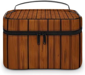 Brown Wood Pattern Makeup Bag, Cosmetic Organizer Case Large Portable Capacity Make Up Bags Women Travel Toiletry Bags with Handle And Divider
