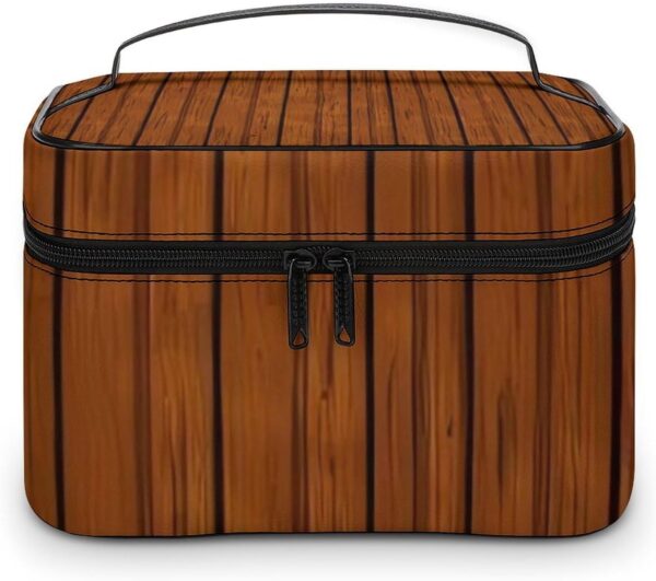 Brown Wood Pattern Makeup Bag, Cosmetic Organizer Case Large Portable Capacity Make Up Bags Women Travel Toiletry Bags with Handle And Divider