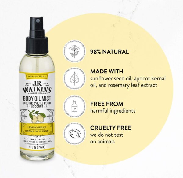 J.R. Watkins Natural Hydrating Body Oil Mist, Lemon Cream, Moisturizing Body Oil Spray for Glowing Skin, USA Made and Cruelty Free, 6 fl oz, Single
