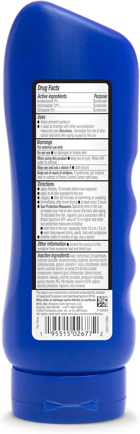 Amazon Brand - Solimo Sport Sunscreen Lotion, SPF 50, Reef Friendly (Octinoxate & Oxybenzone Free), Broad Spectrum UVA/UVB Protection, 8 Fluid Ounce