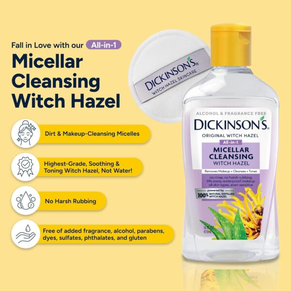 Dickinson's Micellar Cleansing Witch Hazel, An All-in-1 Makeup Remover, Pore Refiner, Skin Cleanser and Toner; Alcohol Free with Aloe, for Sensitive Skin, 8oz